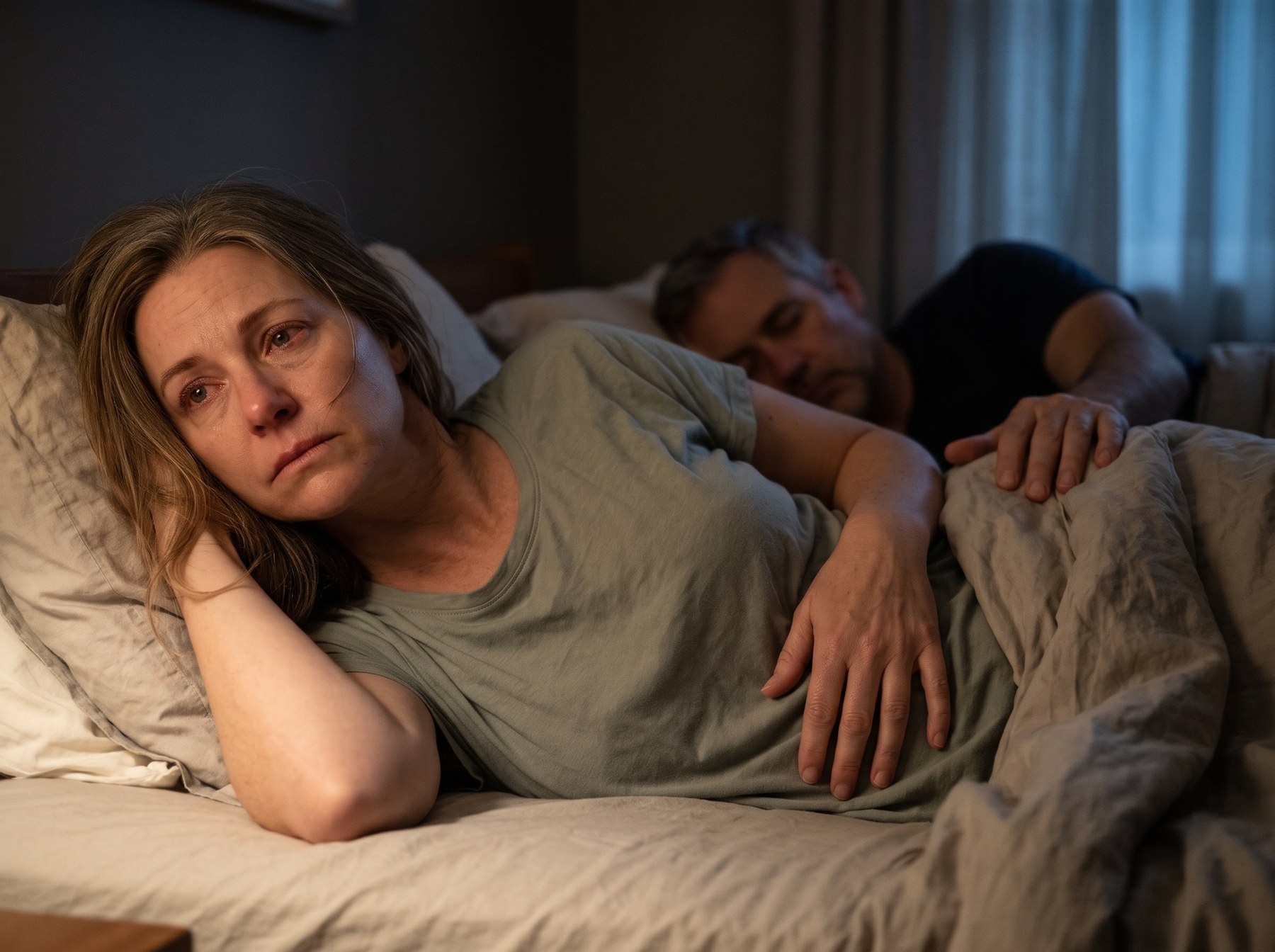 A woman lying awake in bed next to her sleeping husband, a hand on her lower belly